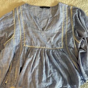Zara Basic Light Blue Blouse with Lace Trim Size XL